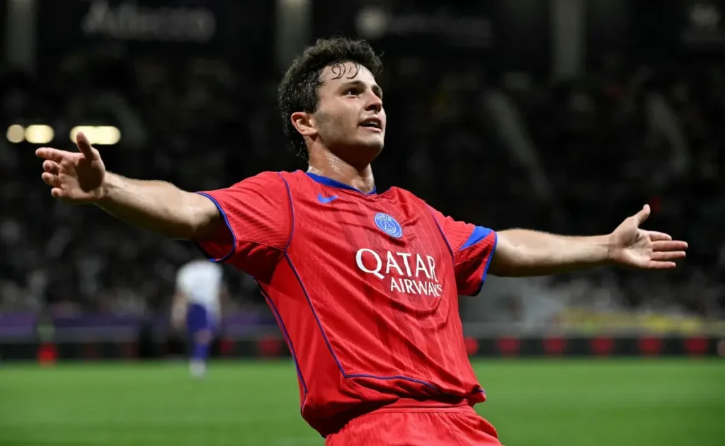 Joao Neves celebrating his PSG hat-trick against Toulouse